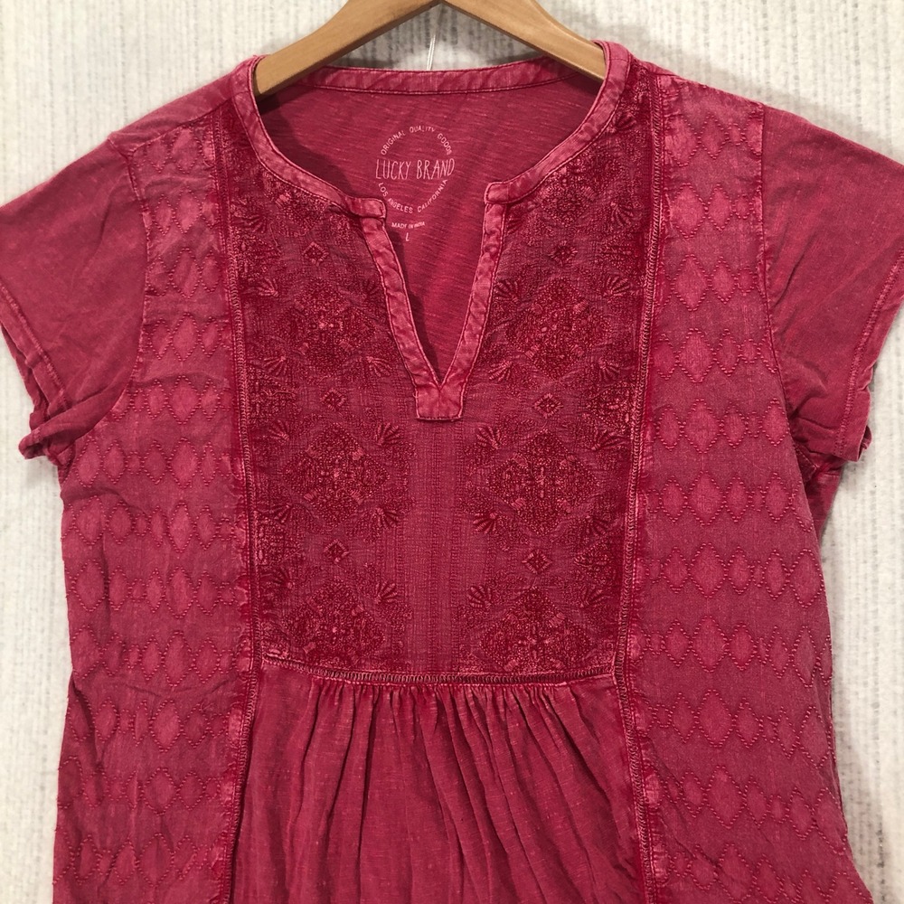Lucky‎ Brand Embroidered Tunic Top Short Sleeve Bohemian Casual Red L